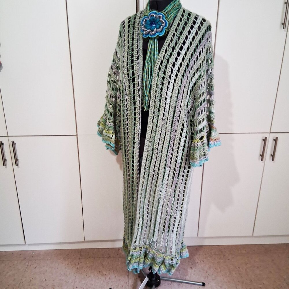 Light Green Mesh Boho Long Ruffle Edge Sweater Large xl - Picture 9 of 9